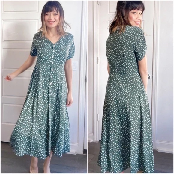 01 Boho floral print button up Puff Sleeve dress - Picture 2 of 8